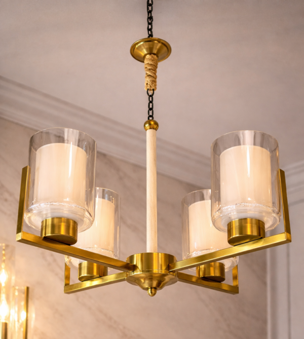 Double Glass Antique Gold Chandelier (5-Light)